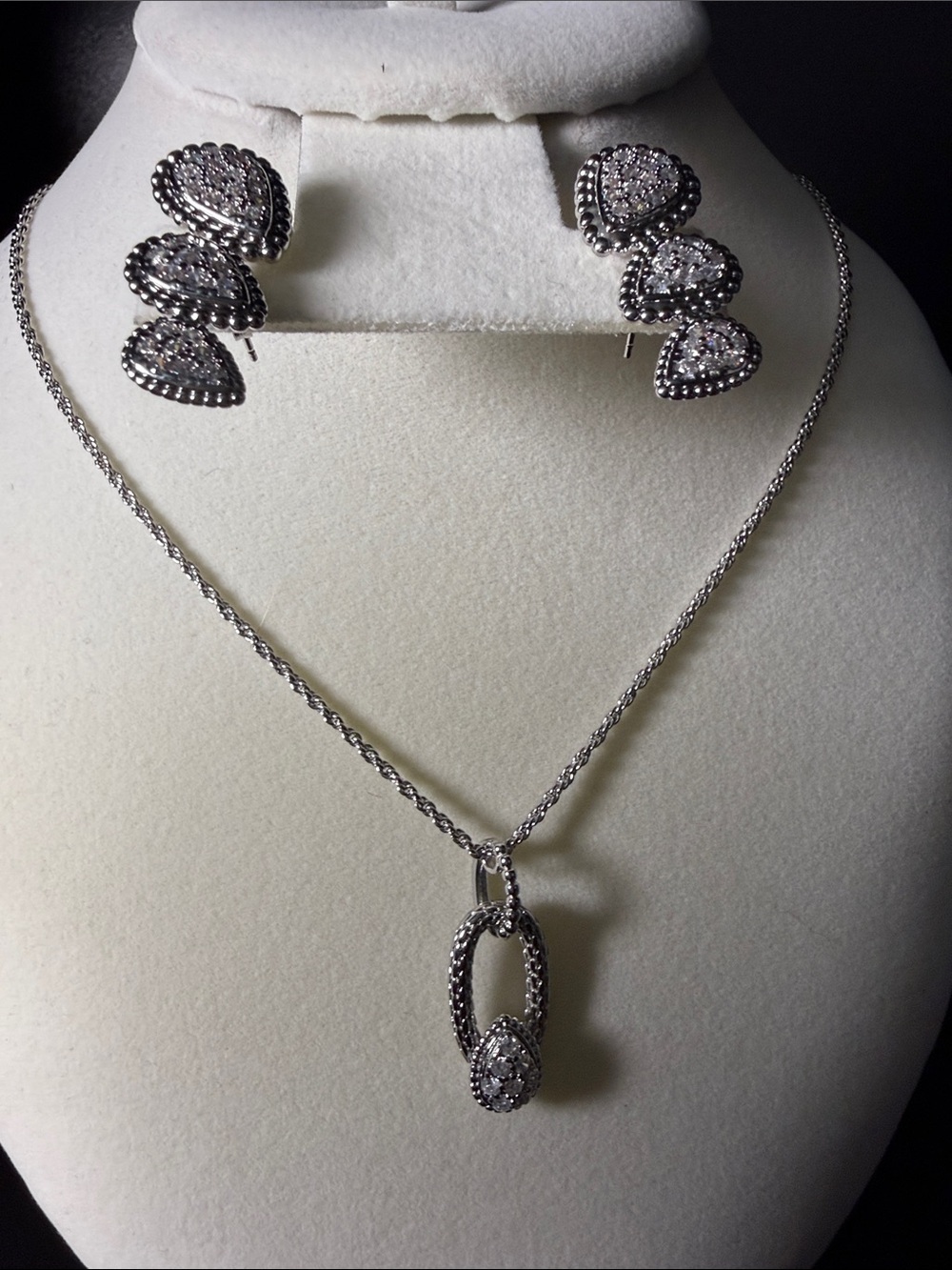 Silver-Tone Teardrop Crystal Necklace & Earrings Set - White Crystal